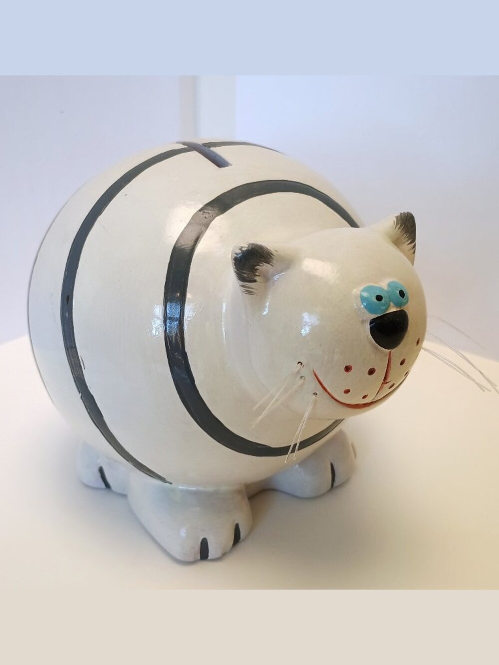 Vintage Fat Cat Piggy Bank, White Kitty w/ Black Stripes, Whiskers, Slot & Plug